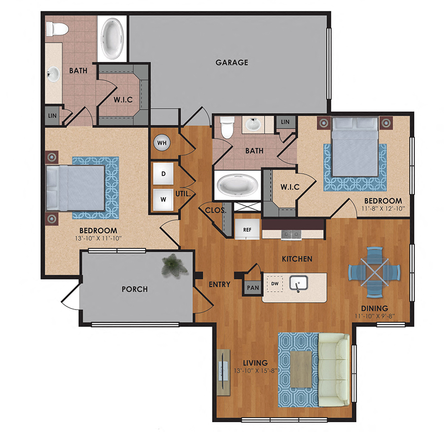 Floor plan for 2 beds, 2 baths, 1163 sqft
