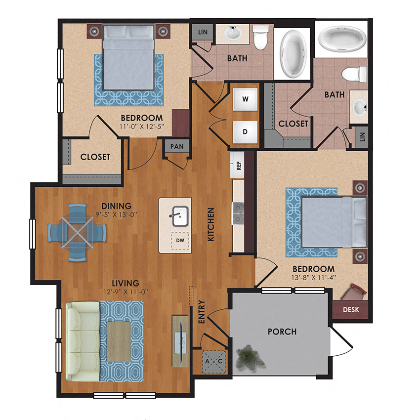 Floor plan for 2 beds, 2 baths, 1053 sqft
