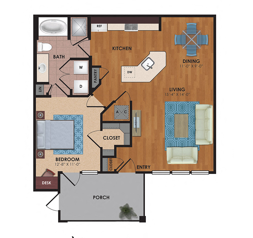 Floor plan for 1 bed, 1 bath, 850 sqft