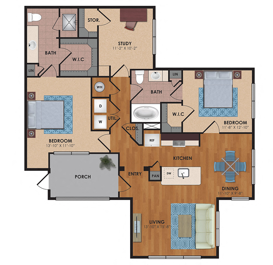 Floor plan for 3 beds, 2 baths, 1319 sqft
