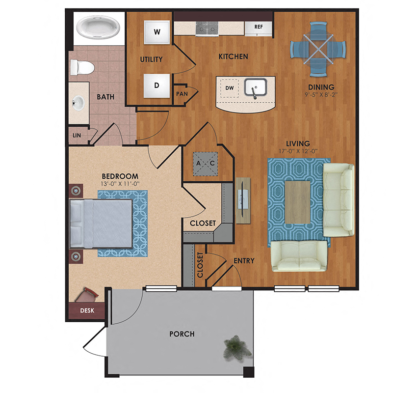 Floor plan for 1 bed, 1 bath, 783 sqft