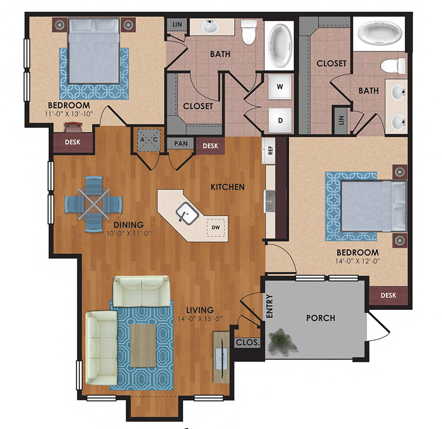 Floor plan for 2 beds, 2 baths, 1268 sqft