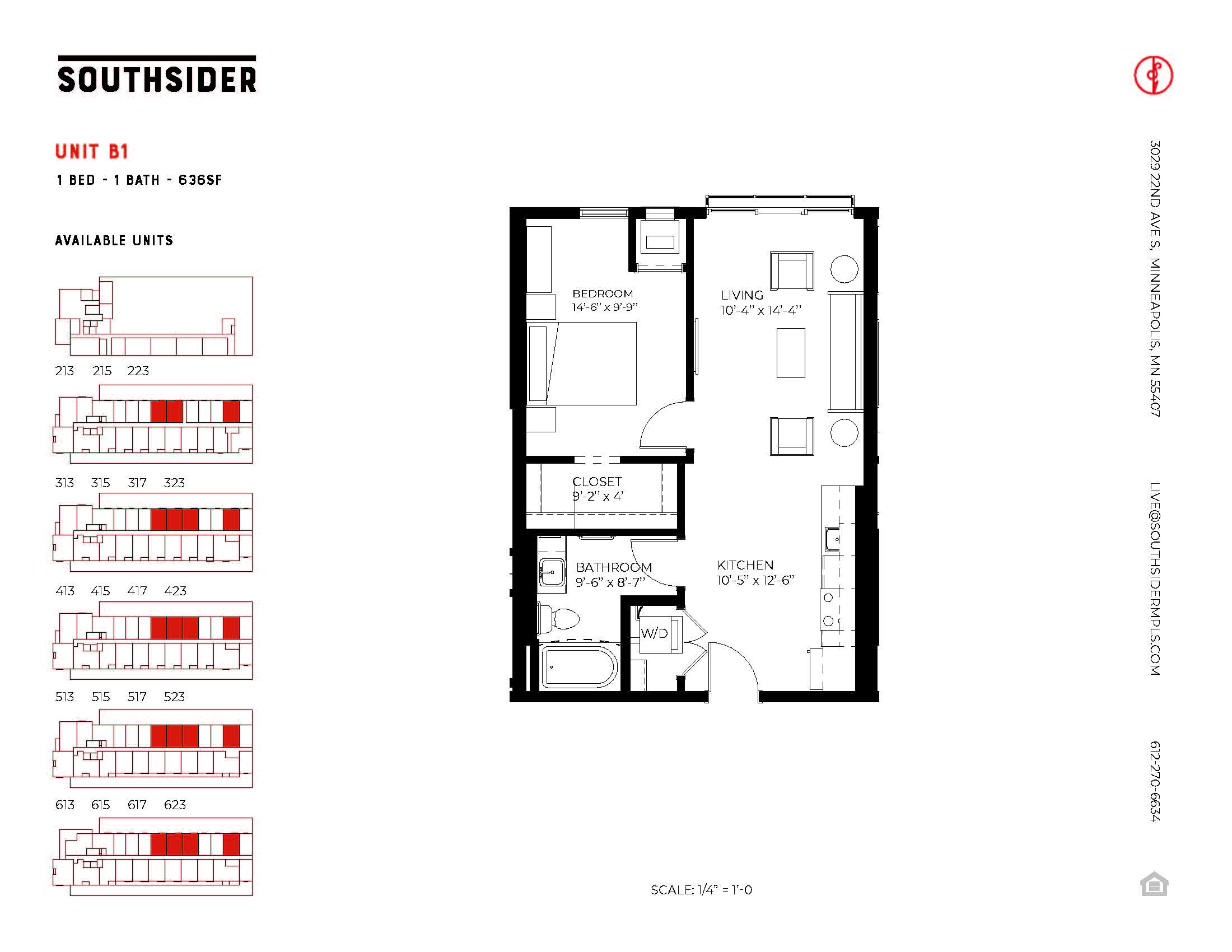 Floor plan for 1 bed, 1 bath, 636 sqft