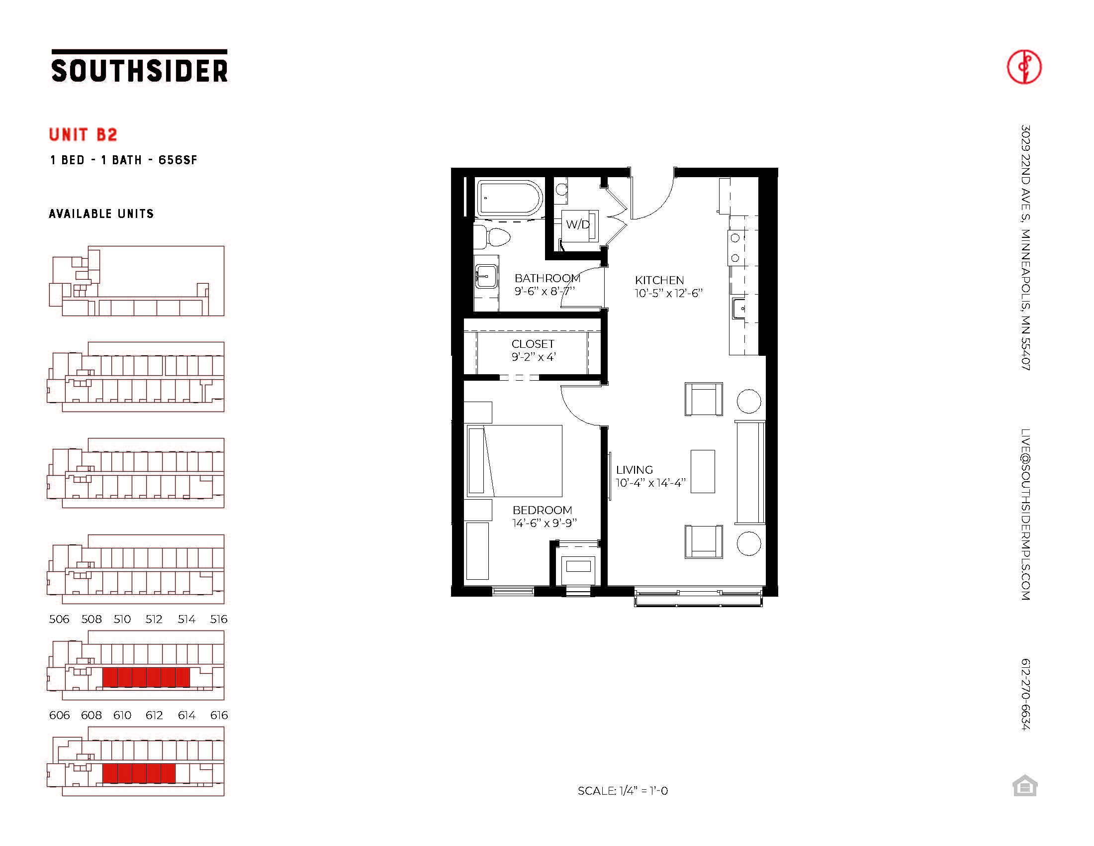 Floor plan for 1 bed, 1 bath, 656 sqft
