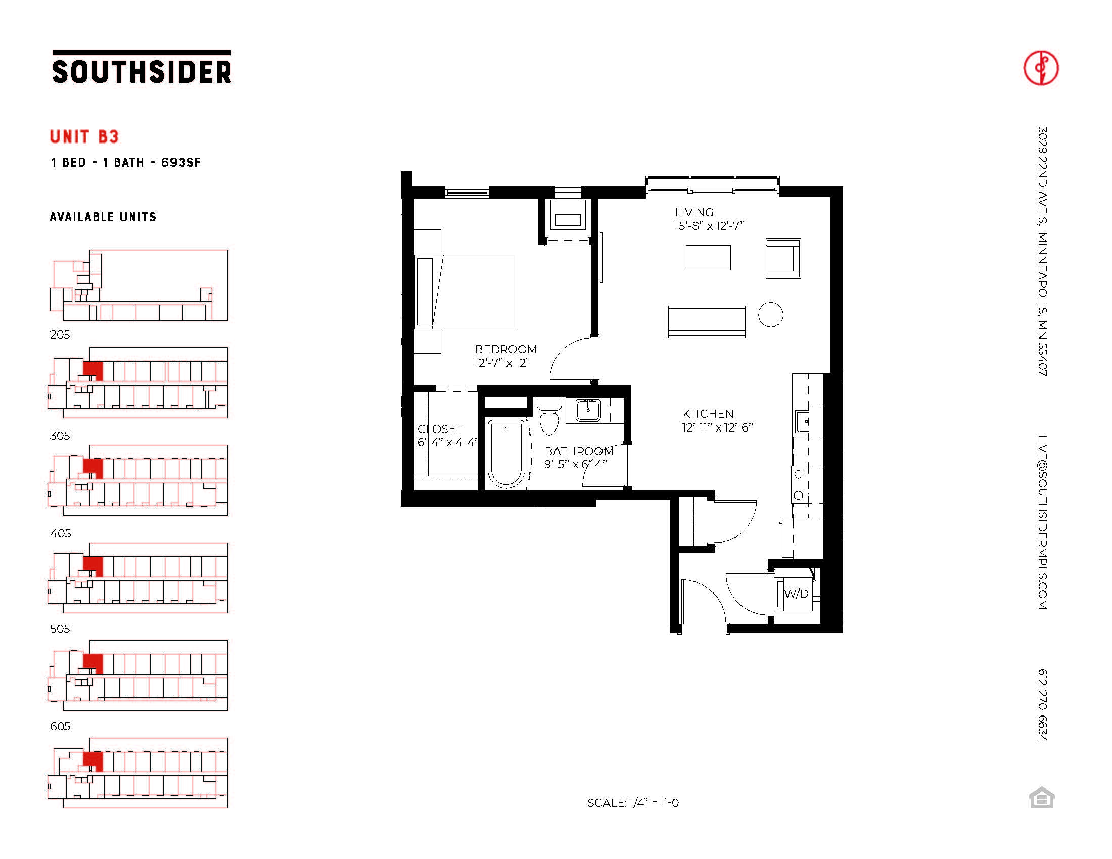 Floor plan for 1 bed, 1 bath, 693 sqft