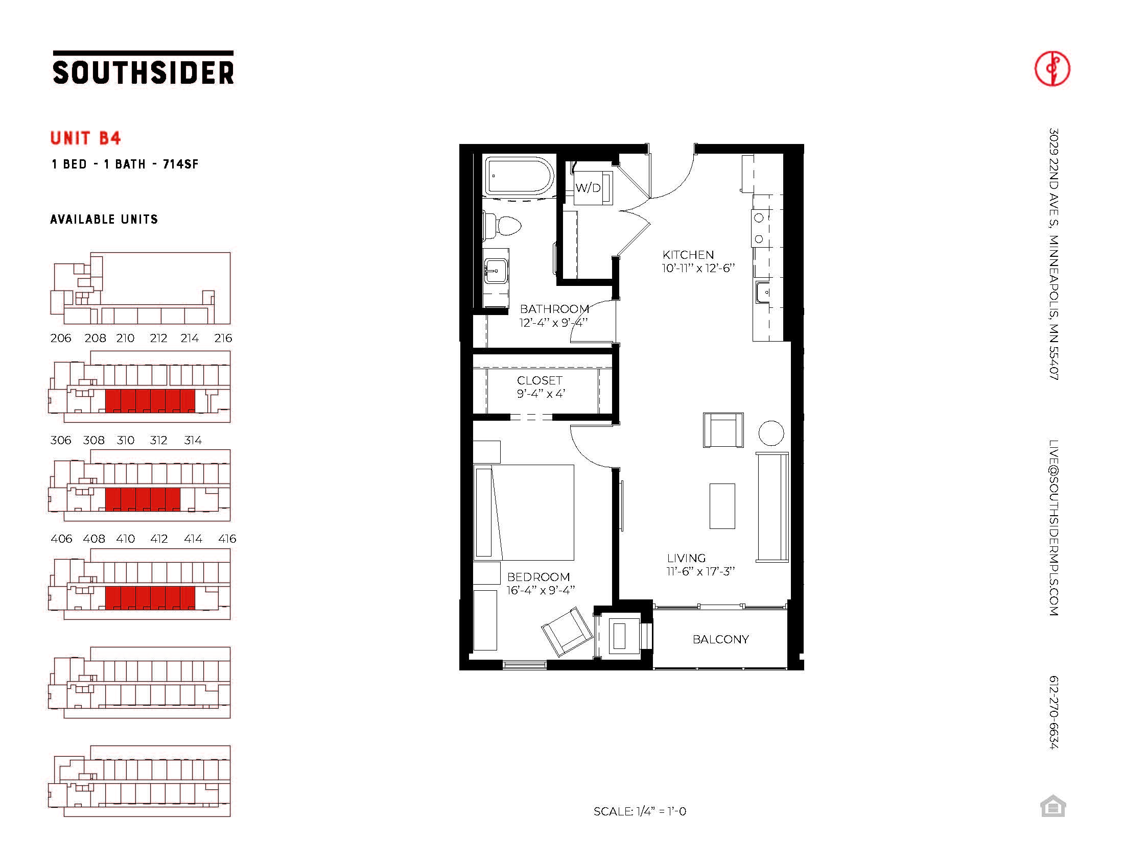 Floor plan for 1 bed, 1 bath, 714 sqft