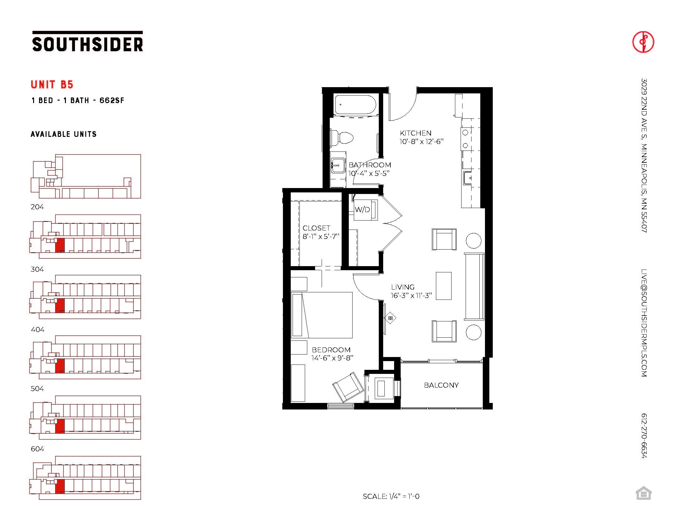 Floor plan for 1 bed, 1 bath, 662 sqft
