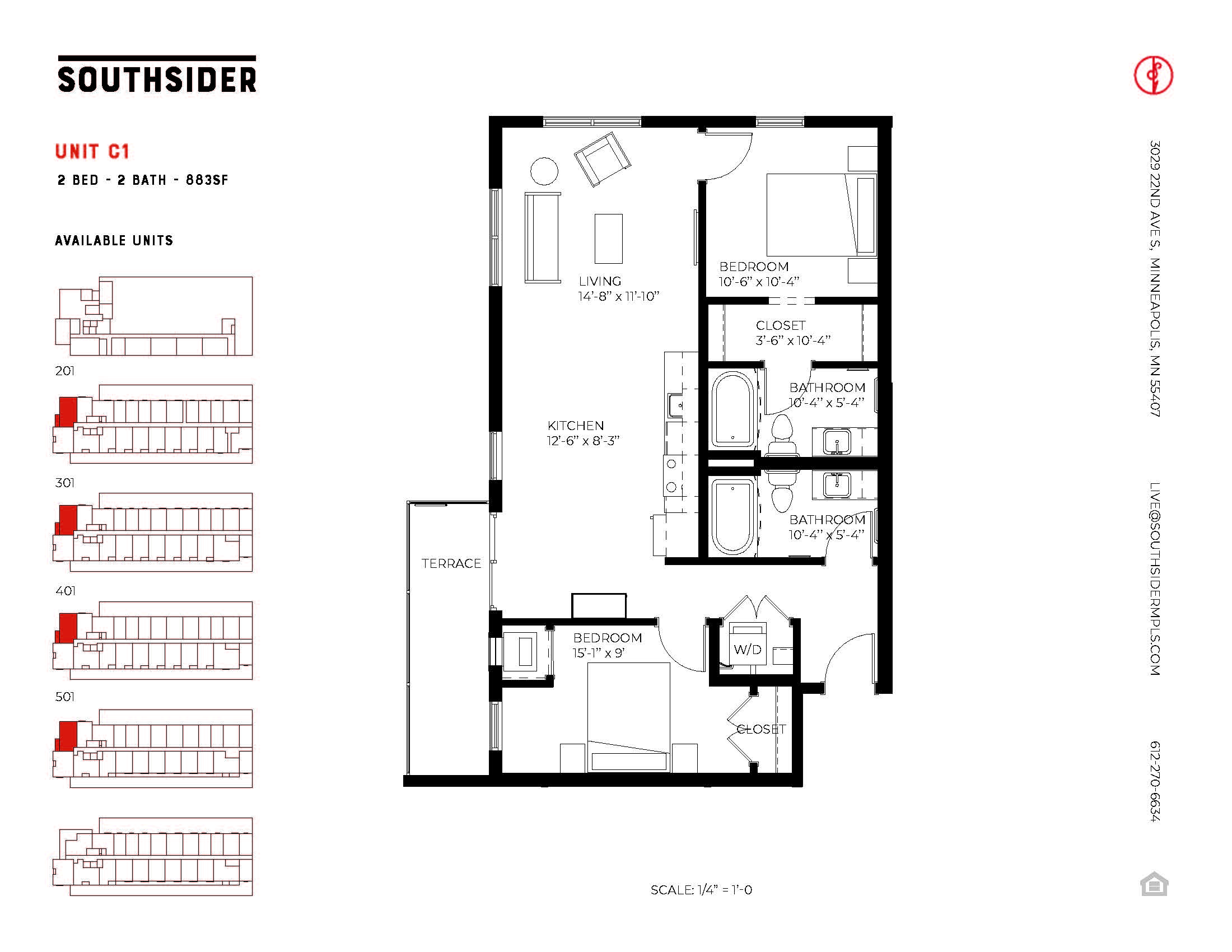Floor plan for 2 beds, 2 baths, 883 sqft