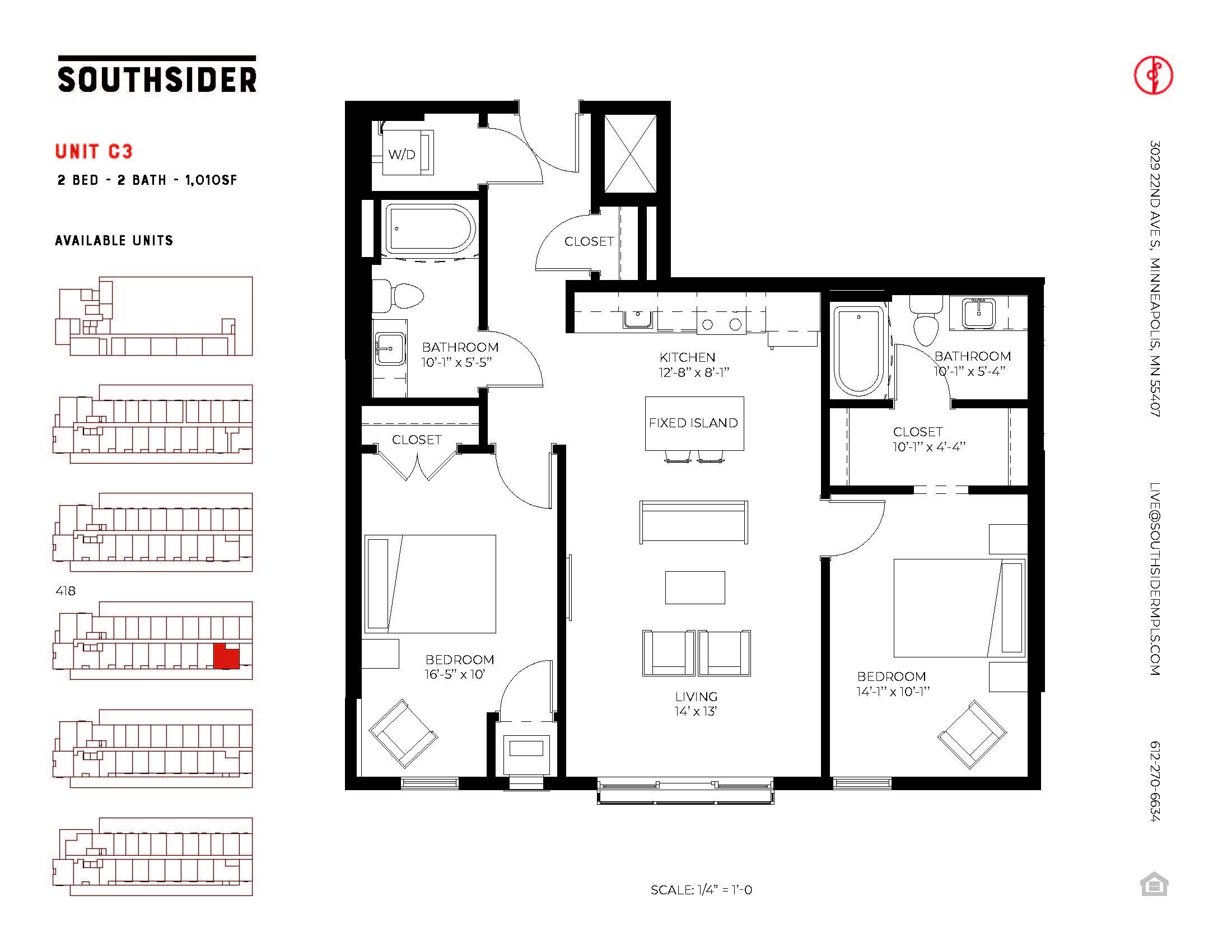Floor plan for 2 beds, 2 baths, 1010 sqft