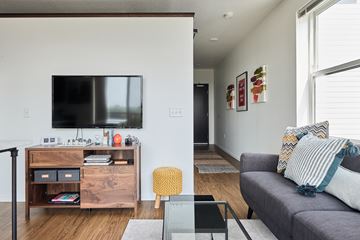 Minneapolis apartment for rent - a living room with a gray couch and a television