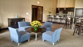 Verona apartment for rent - a living room with blue chairs and a table with yellow flowers