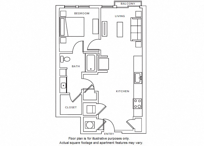 Floor plan for 1 bed, 1 bath, 734 sqft