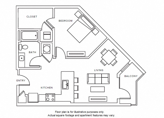 Floor plan for 1 bed, 1 bath, 772 sqft