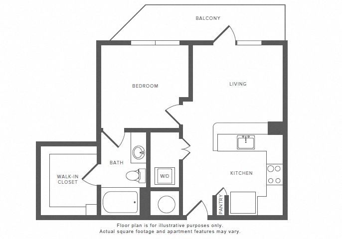 Floor plan for 1 bed, 1 bath, 619 sqft