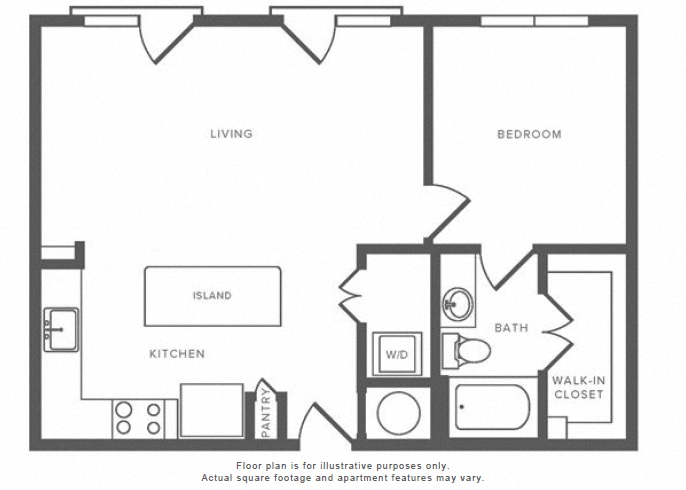 Floor plan for 1 bed, 1 bath, 847 sqft