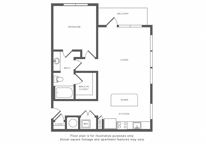 Floor plan for 1 bed, 1 bath, 864 sqft