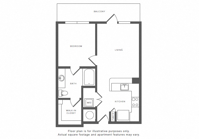 Floor plan for 1 bed, 1 bath, 653 sqft
