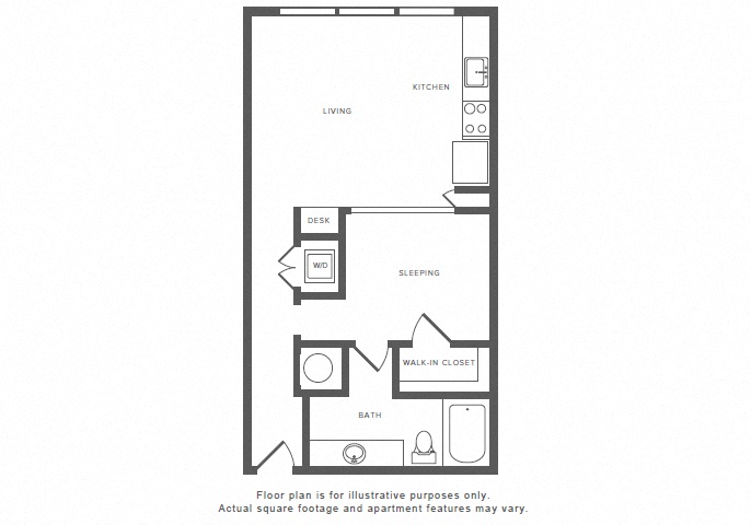 Floor plan for studio, 1 bath, 675 sqft