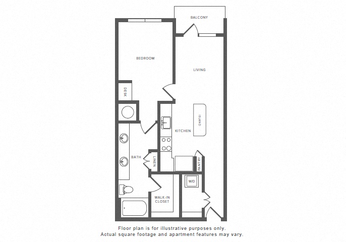 Floor plan for 1 bed, 1 bath, 708 sqft