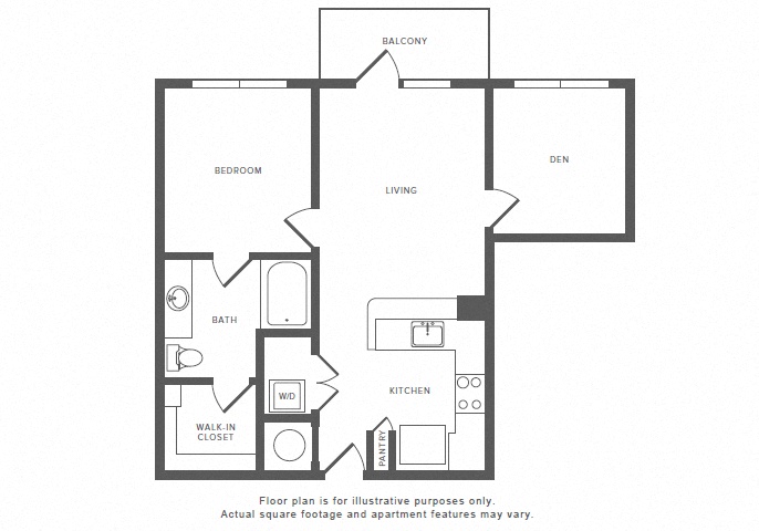 Floor plan for 1 bed, 1 bath, 751 sqft