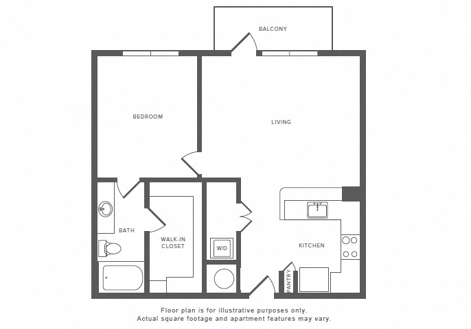 Floor plan for 1 bed, 1 bath, 826 sqft