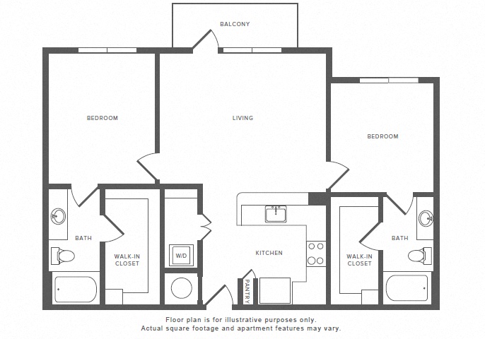 Floor plan for 2 beds, 2 baths, 1121 sqft
