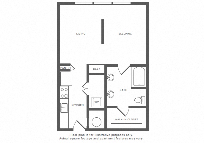 Floor plan for studio, 1 bath, 656 sqft