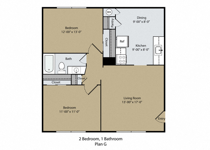 Floor plan for 2 beds, 1 bath, 832 sqft