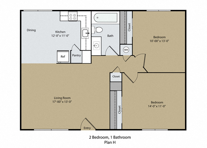 Floor plan for 2 beds, 1 bath, 825 sqft