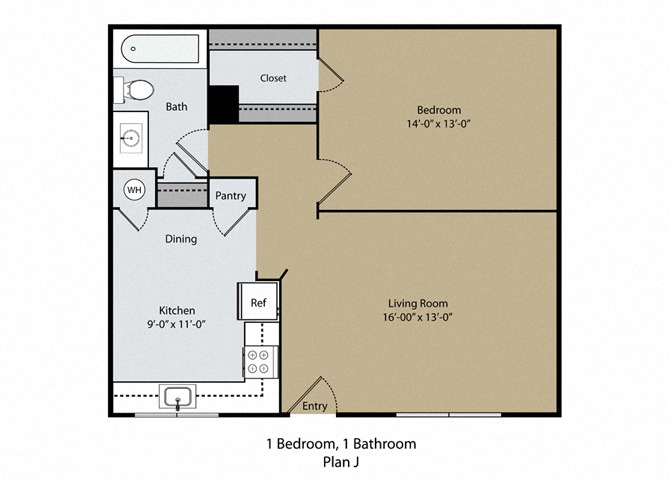 Floor plan for 1 bed, 1 bath, 675 sqft