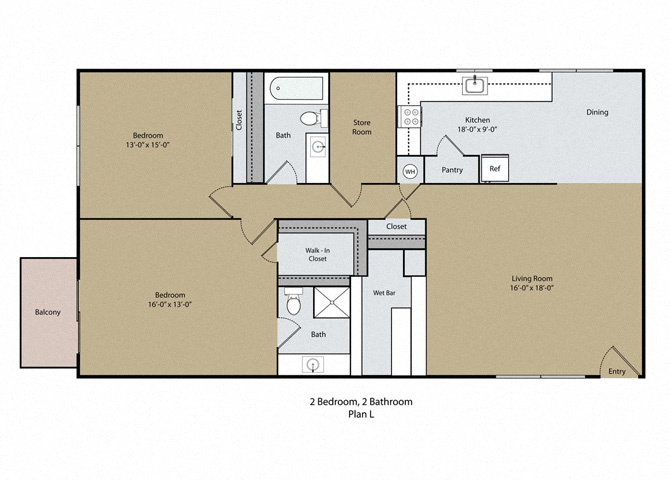 Floor plan for 2 beds, 2 baths, 1282 sqft