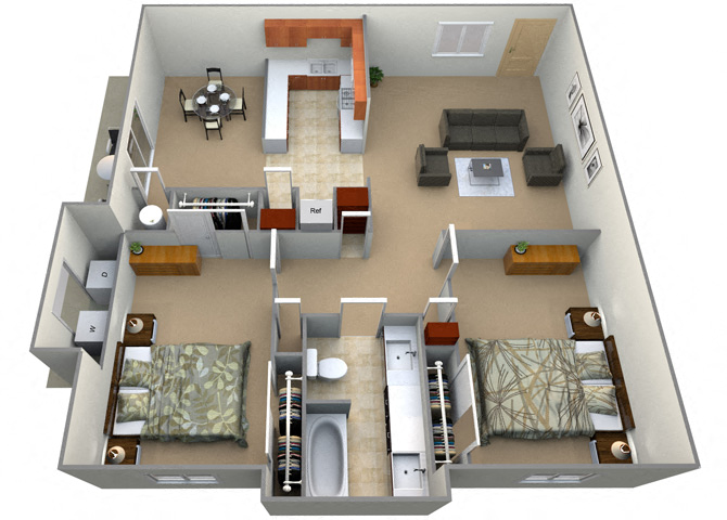 Floor plan for 2 beds, 1 bath, 1135 sqft