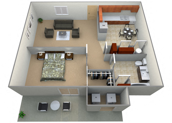 Floor plan for 1 bed, 1 bath, 756 sqft