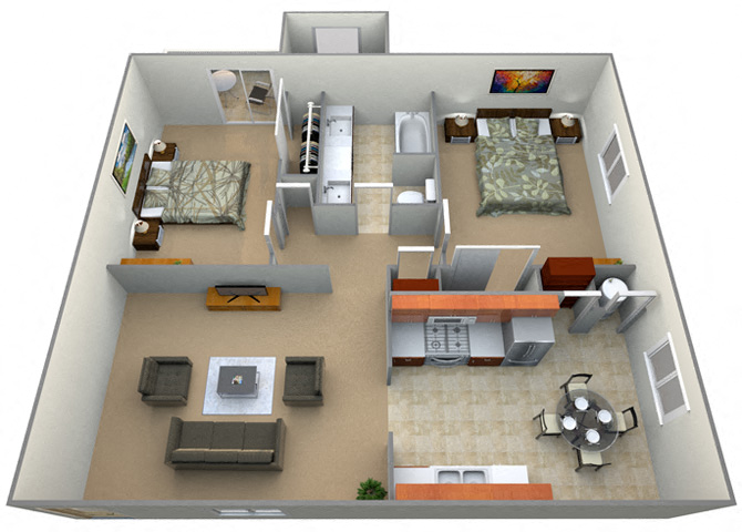 Floor plan for 2 beds, 1 bath, 871 sqft