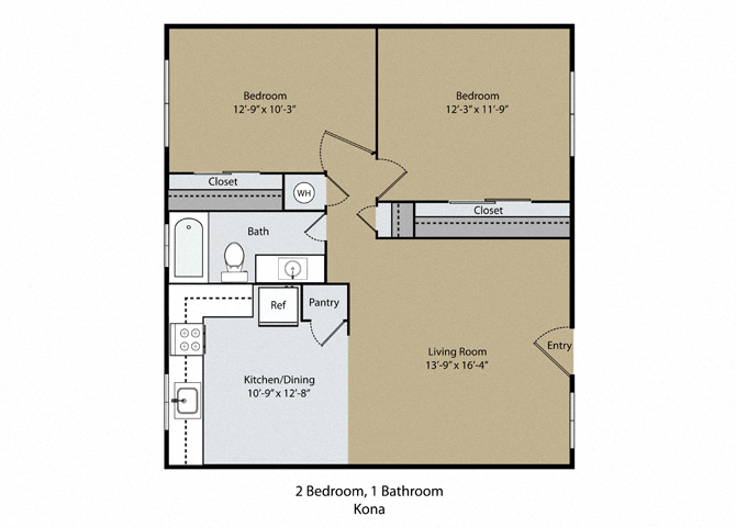 Floor plan for 2 beds, 1 bath, 832 sqft