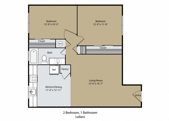 Floor plan for 2 beds, 1 bath, 852 sqft