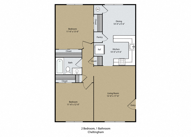 Floor plan for 2 beds, 1 bath, 925 sqft