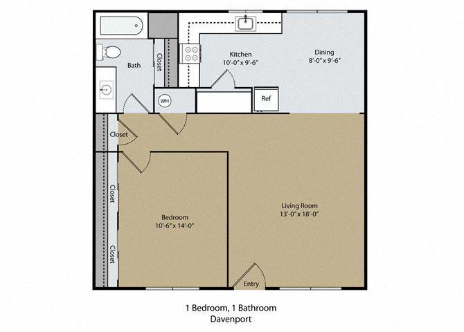 Floor plan for 1 bed, 1 bath, 770 sqft