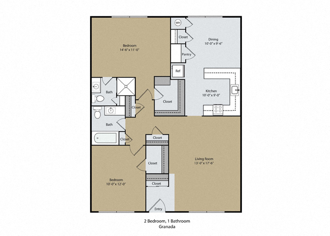 Floor plan for 2 beds, 2 baths, 1036 sqft