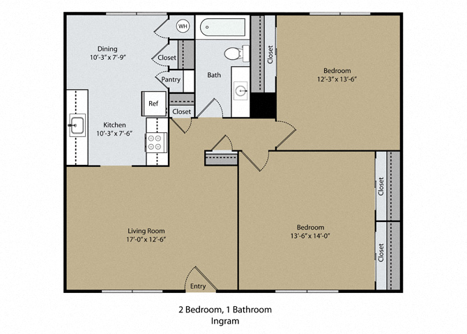 Floor plan for 2 beds, 1 bath, 969 sqft