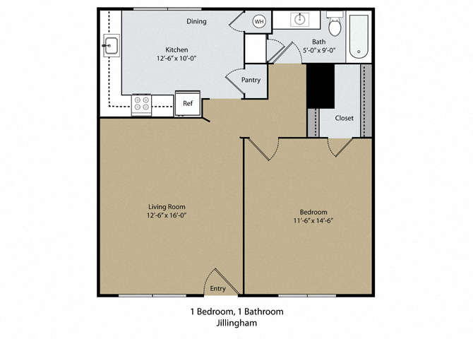 Floor plan for 1 bed, 1 bath, 949 sqft