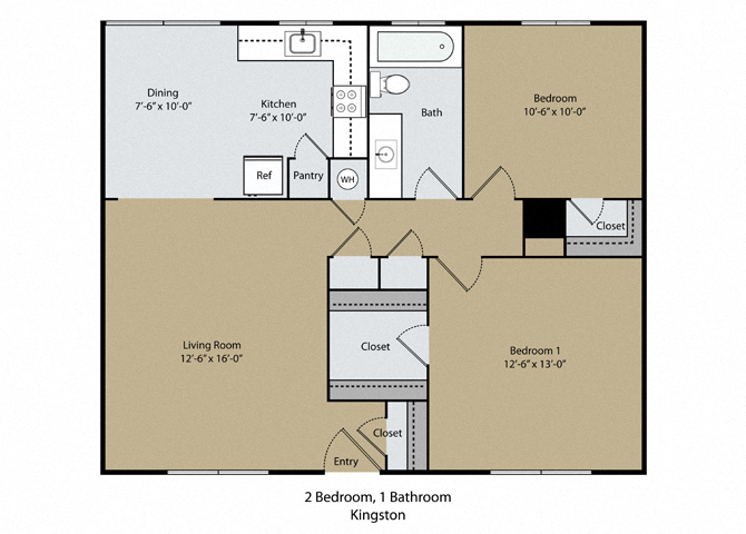 Floor plan for 2 beds, 1 bath, 864 sqft