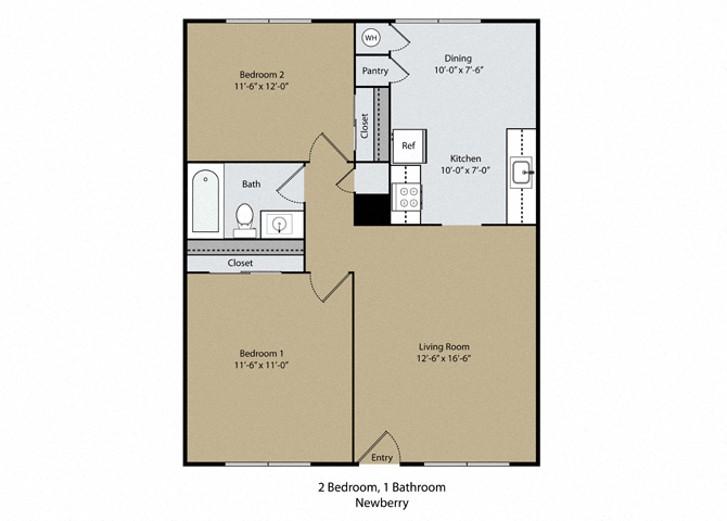 Floor plan for 2 beds, 1 bath, 800 sqft