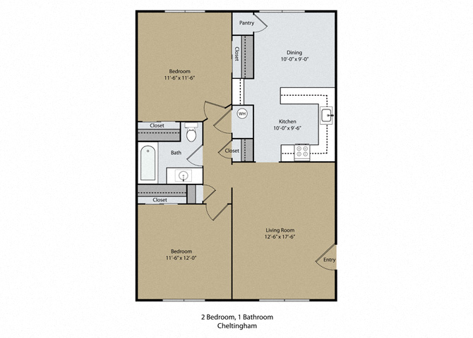 Floor plan for 2 beds, 1 bath, 925 sqft