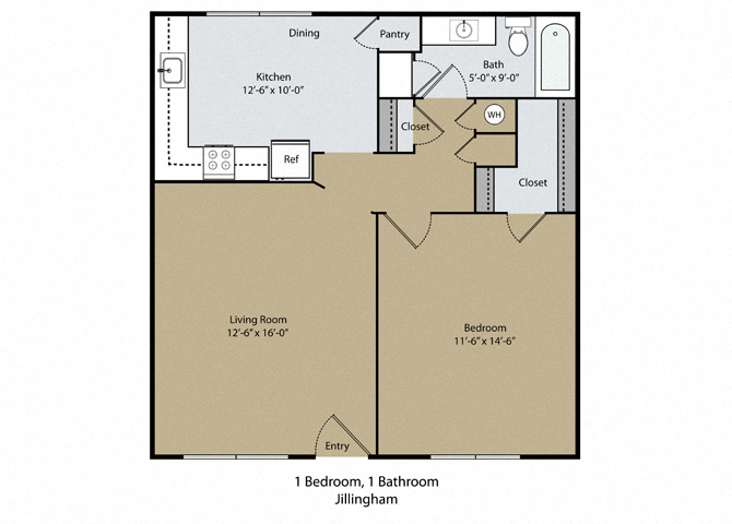 Floor plan for 1 bed, 1 bath, 675 sqft