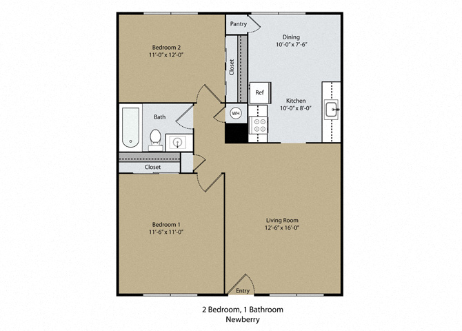 Floor plan for 2 beds, 1 bath, 800 sqft