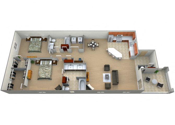 Floor plan for 2 beds, 2 baths, 1278 sqft