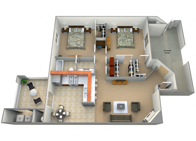 Floor plan for 2 beds, 1 bath, 996 sqft