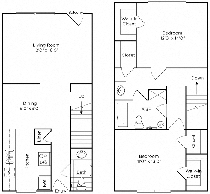 Floor plan for 2 beds, 1.5 baths, 1184 sqft