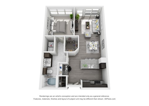 Floor plan for 1 bed, 1 bath, 729 sqft